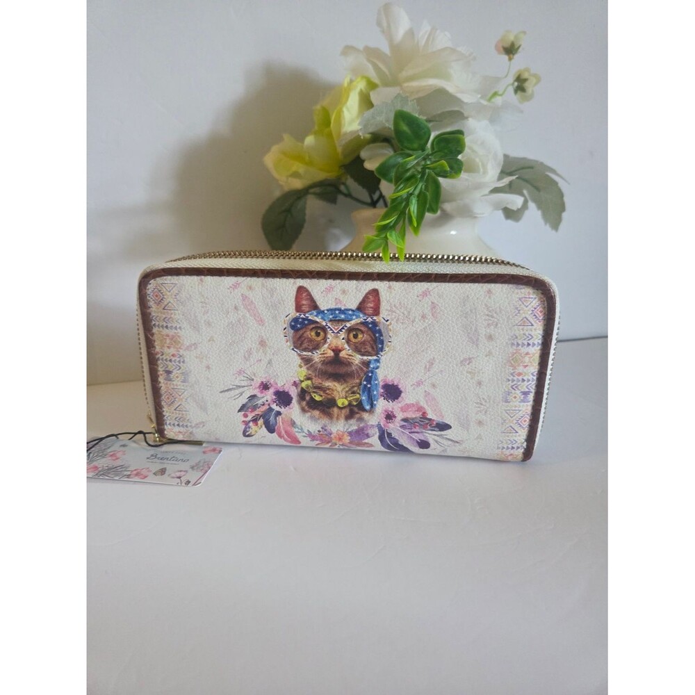 Brentano Fun Cat Graphic Zip Wallet in Cream with Floral Accents